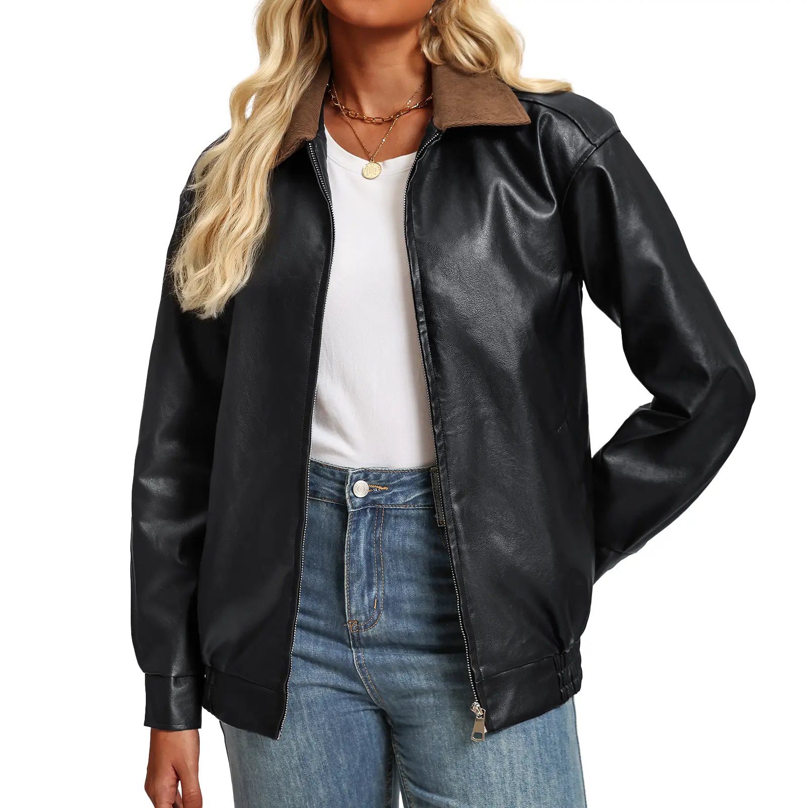Women's Retro Faux Leather Oversized Biker Jacket - Corduroy Collar, Long Sleeve Zip-Up Snap-Closure Bomber Coat, Elastic, Button Accents, Plus Sizes, Fall Winter Streetwear Clothing, Cool Girl Casual Tops