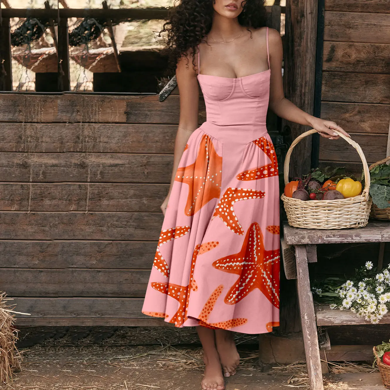 Spring Fashion Skirt Strapless Starfish Maxi Dress Bohemian Ruffle Hem Dress for Vocation