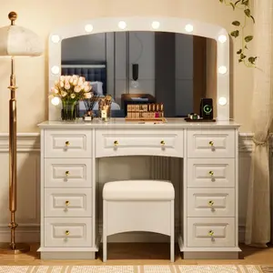 Bellemave  Luxurious Makeup Vanity with 10 Hollywood Bulbs, 3 Color Lighting Modes, Classic Dressing Table with Cushioned Stool and 9 Storage Drawers for Bedroom, White