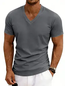 Men's V Neck T-Shirt, Menswear Slim Fit Solid Color Plain Basic Tee, Summer Casual Short Sleeve Top, 1 Piece Pack, Comfortable and Stylish