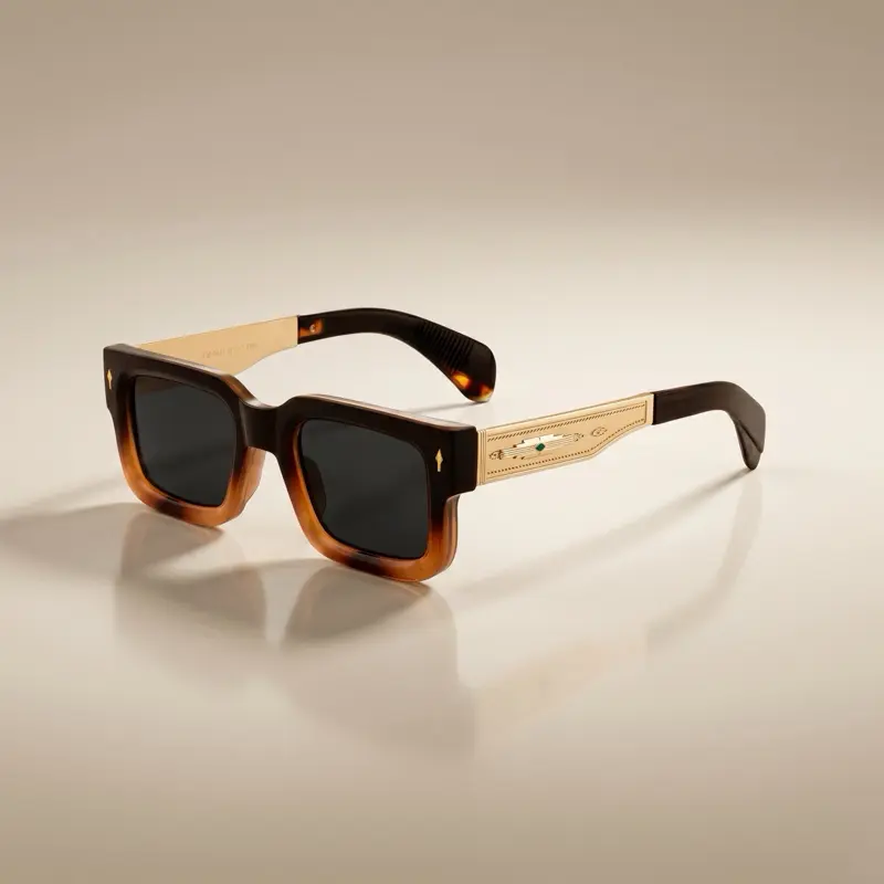 Vintage-Inspired Polarized Sunglasses: Square Multicolours Frame, Gold Temples, UV400 Protection Gold Metal Sunnies