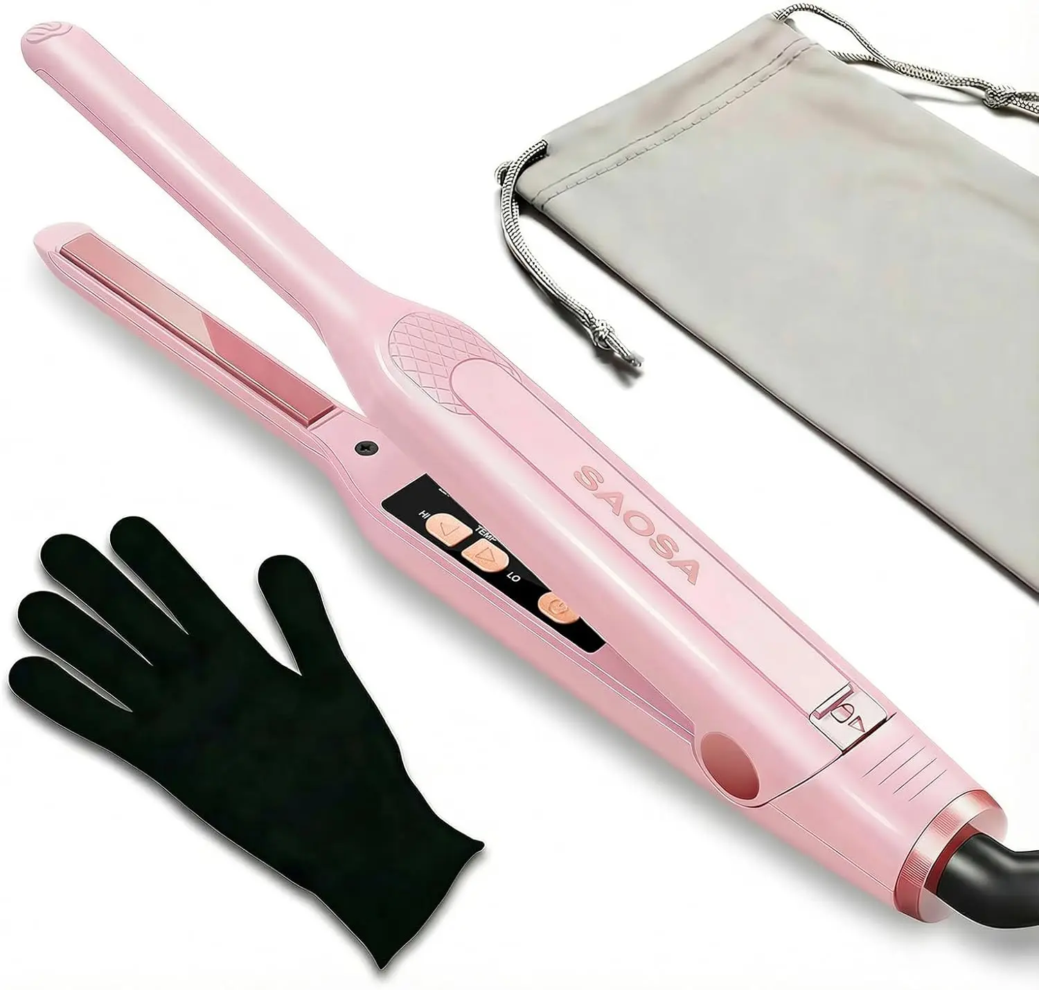 SAOSA Mini Pencil Flat Iron for Short Hair - 0.3" Ultra-Thin Hair Straightener & Curler, 9 Temp (190°F-430°F), Ceramic Tourmaline, Fast 30s Heat Up, Travel Kit with Pouch & Glove, Dual Voltage