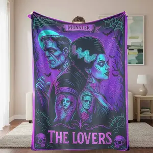 Ultra-Soft Flannel Monster Lovers Figure Print Blanket, Decorative Giftable Blankets, Lightweight Warm Spooky Couple Graphic Throw for Halloween Decor, Movie Nights, Gothic Home Decor Gifting