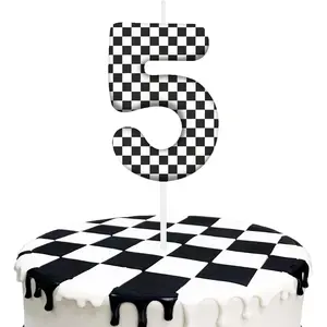 Black White Checkered 5th Birthday Number 5 Candle Cake Toppers for Race Car Themed Parties, Birthday Cake Candles for Boys Girls Kids Party Supplies