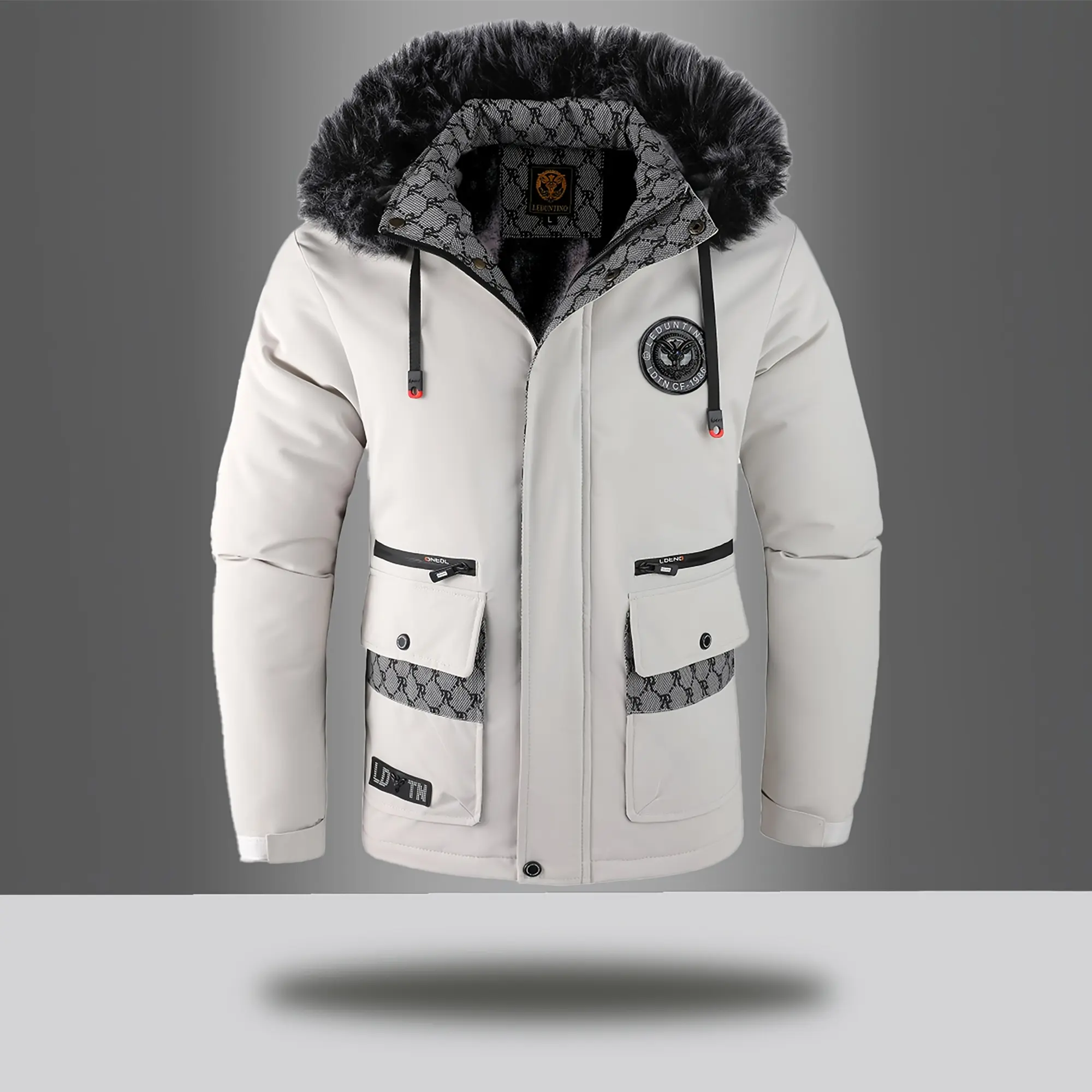 Men's Hooded Faux Fur Collar Parka Winter Thick Warm Multi-Pocket Workwear Style Outdoor Windproof Jacket Menswear Coats Stylish Tops Ivory White