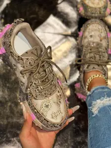 Women's Fashion Flat Casual Shoes, Rhinestone Embellished Low-Top Lace-Up, Textile Upper, Round Toe, High Top, All Seasons