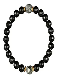 1PC Black‑Bead Silver‑Textured Synthetic Resin Beaded Bracelet Simple Rugged Stretch Adjustable For Men Daily Wear