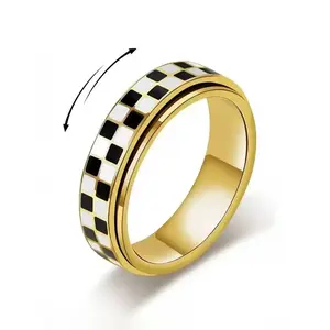 Virelyn B Stainless Steel Checkered Rotating Stress Relief Adjustable Ring, Unisex Casual Daily Wear, Simple Chessboard Design Jewelry