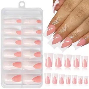 French Tip Press on Nails, 120pcs/box Minimalist Glossy Duck Feet Nails Press on Nail Tips Full Cover Cute Duck Feet Medium Length False Nails with Box, Glossy Fake Nails
