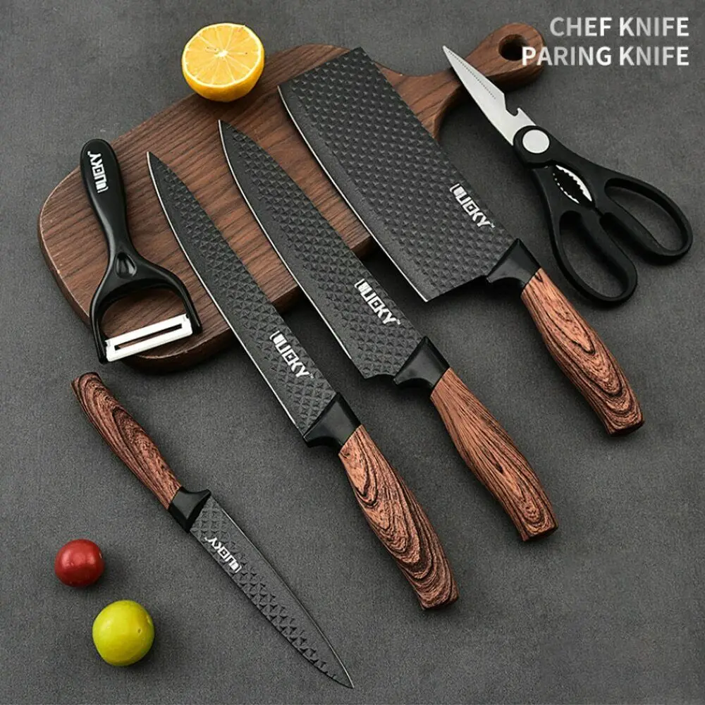 6/7 Piece Sharp Kitchen Chef Knife Set, Non-Stick Stainless Steel Cooking Meat Knives, Ergonomic Wood Handle, Multipurpose Knives & Scissors for Daily Kitchen Prep