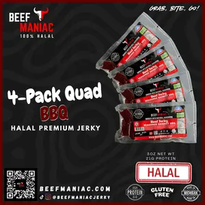 Halal Beef Jerky 4-Pack Quad BBQ by Beef Maniac | Natural Hardwood Smoked Premium Jerky Made in Michigan
