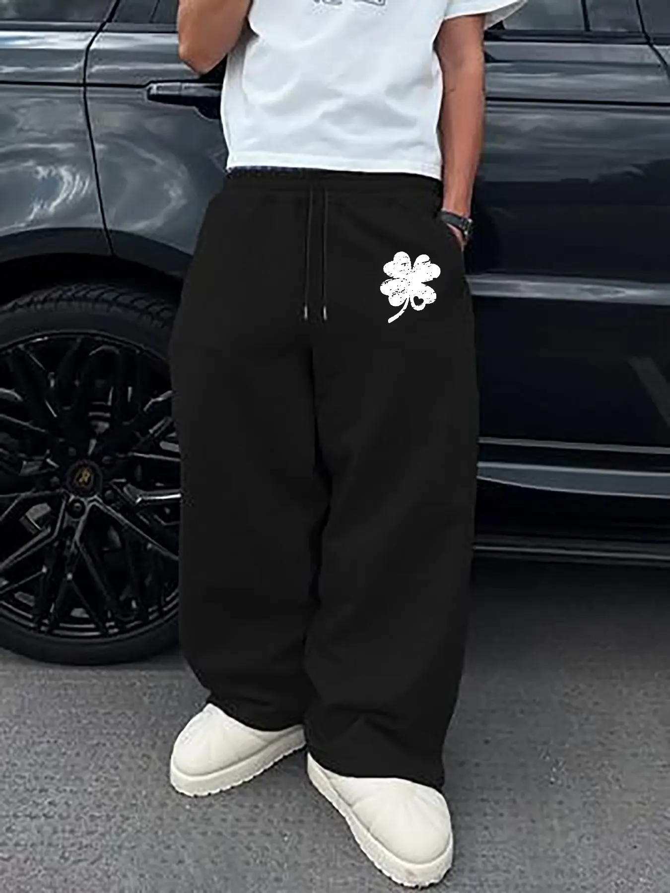 Saint Patrick's Day Long Pants, Men's Solid Knit Pants, Comfy Loose Fit, Lucky Four-Leaf Clover Print, Pockets and Drawstring, Multiple Colors, Casual Home Wear
