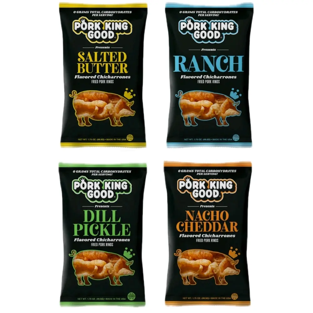 pork king good 4-pack  salted butter, ranch, dill pickles, Nacho