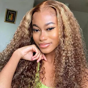 Pizazz Hair Highlight Ombre Curly Lace Front Wigs Human Hair Pre Plucked 13x5 /13x6 HD Transparent Honey Blonde Curly Human Hair Lace Frontal Wigs For Women