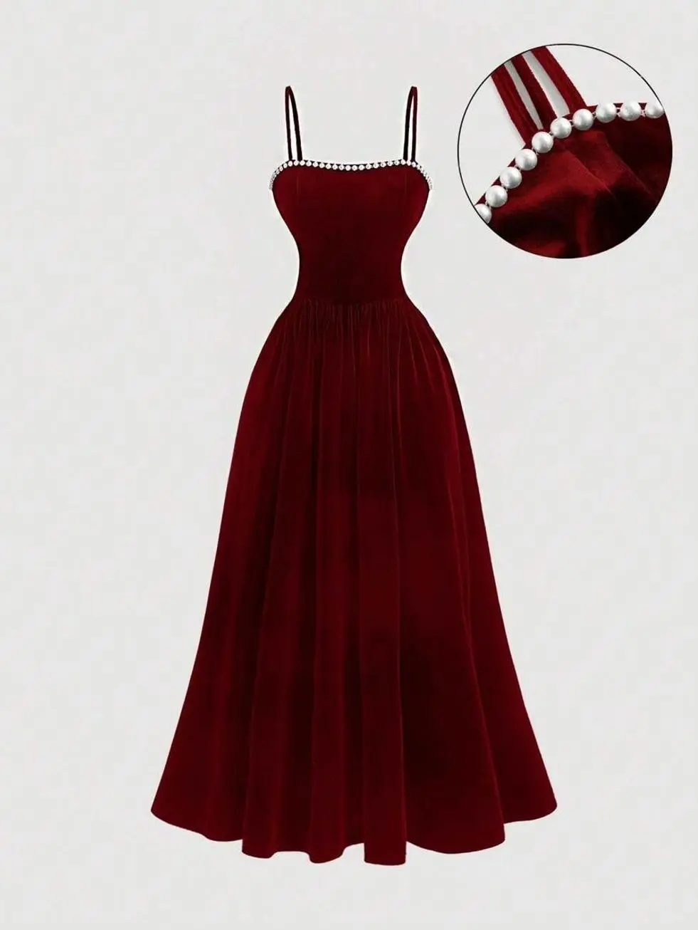 Elegant Burgundy Pearl Strap Dress – Formal Ball Gown, Party Evening Outfit for Women