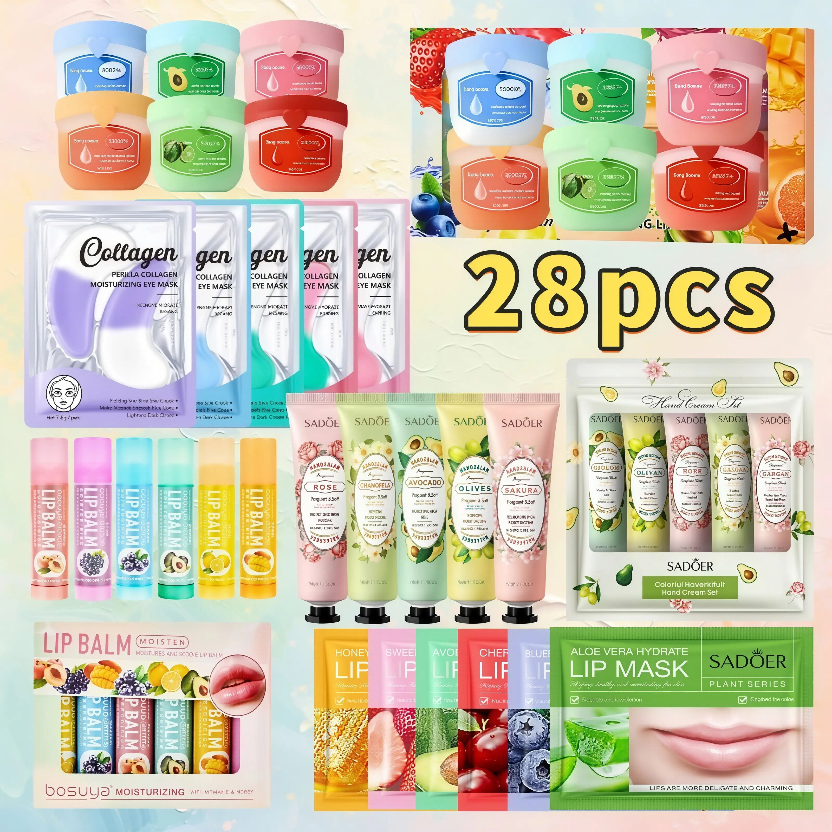 28-piece skincare set – hand cream, lip balm, lip mask, and eye mask, suitable for dry lips/hands, hydrates and moisturizes, nourishes the eyes, mini travel size, easy to carry, essential for everyday use, a perfect gift for women, New Year’s gift