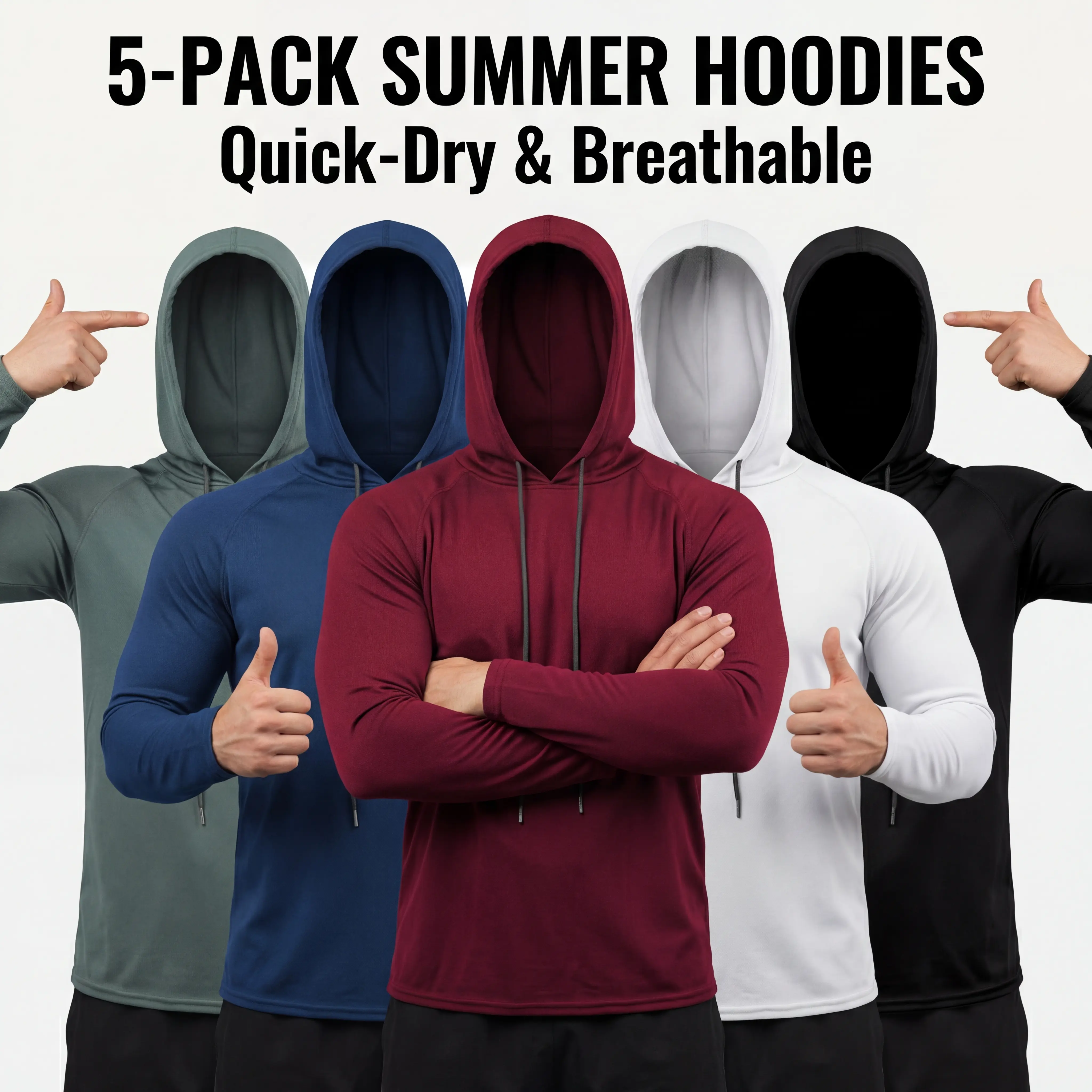 Ultimate 5-Pack Value Men's Dry Fit Long Sleeve Hoodies Lightweight Athletic Running Shirts with Face Mask for Sun Protection,clothes for back to school,first day of school outfits