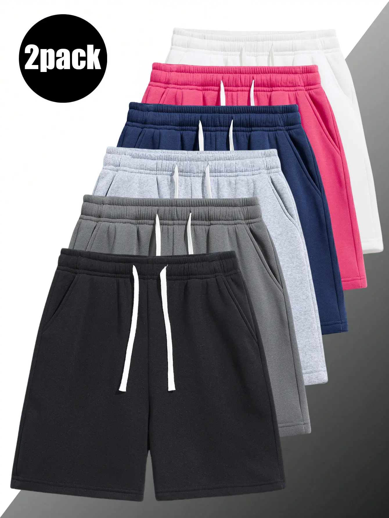 Pack of 2 men’s shorts: elastic waistband drawstring 5‑inch casual shorts; running shorts—simple, solid color, easy to match; suitable for summer daily commuting/work, outdoor sports, and indoor workouts.