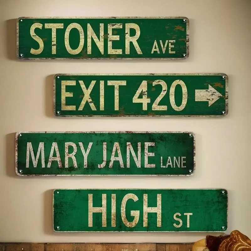 Vintage Letter Pattern Street Sign, 1 Count Waterproof Metal Tin Wall Art for Home, Bar, Cafe, Restaurant & Garage Decor - Gold Lettering Road Sign, Retro Yard Sign for TikTok Trendy Metal Sign Collectors Decoration Hanging