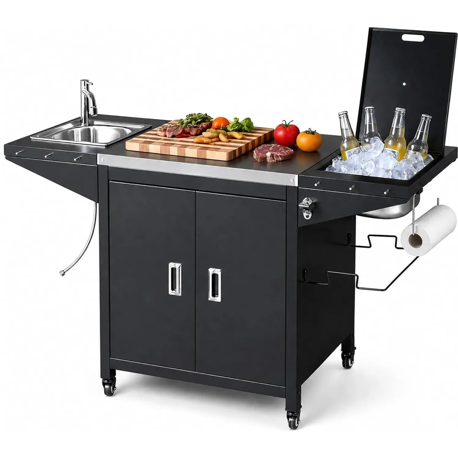 KARLHOME 304 Stainless Steel Outdoor Rolling Prep Kitchen Island Grill Cart - With Sink, Chilly Bin Cooler, Bottle Opener, Rubbish Rack, Cabinet, For Patio Use