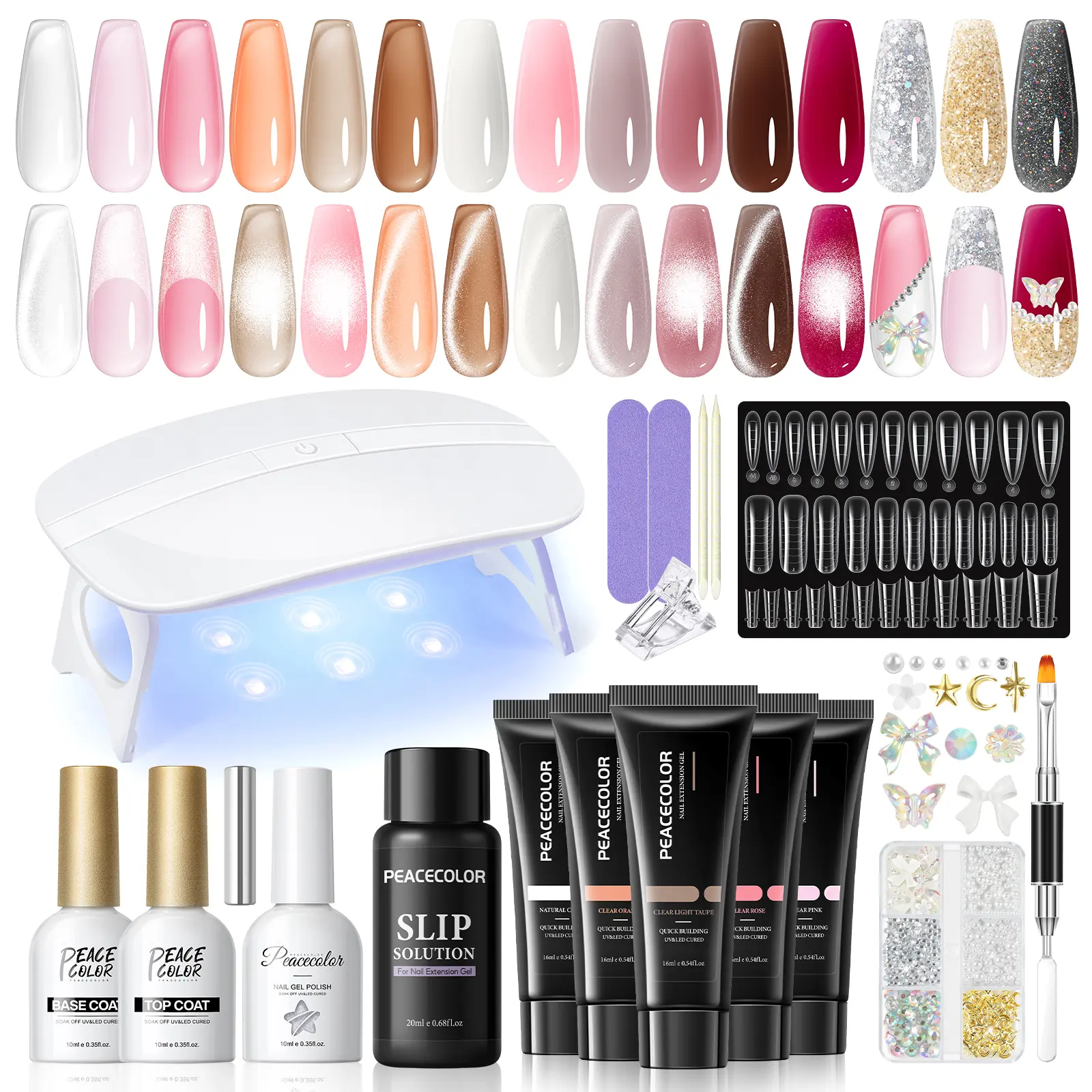 PEACECOLOR Poly Nail Gel Kit with U V Light 16ml Poly Extension Gel Pink Black Nude With Base Matte Top Coat Starter Kit with Slip Solution Nail Tools DIY For Beginners Home Salon