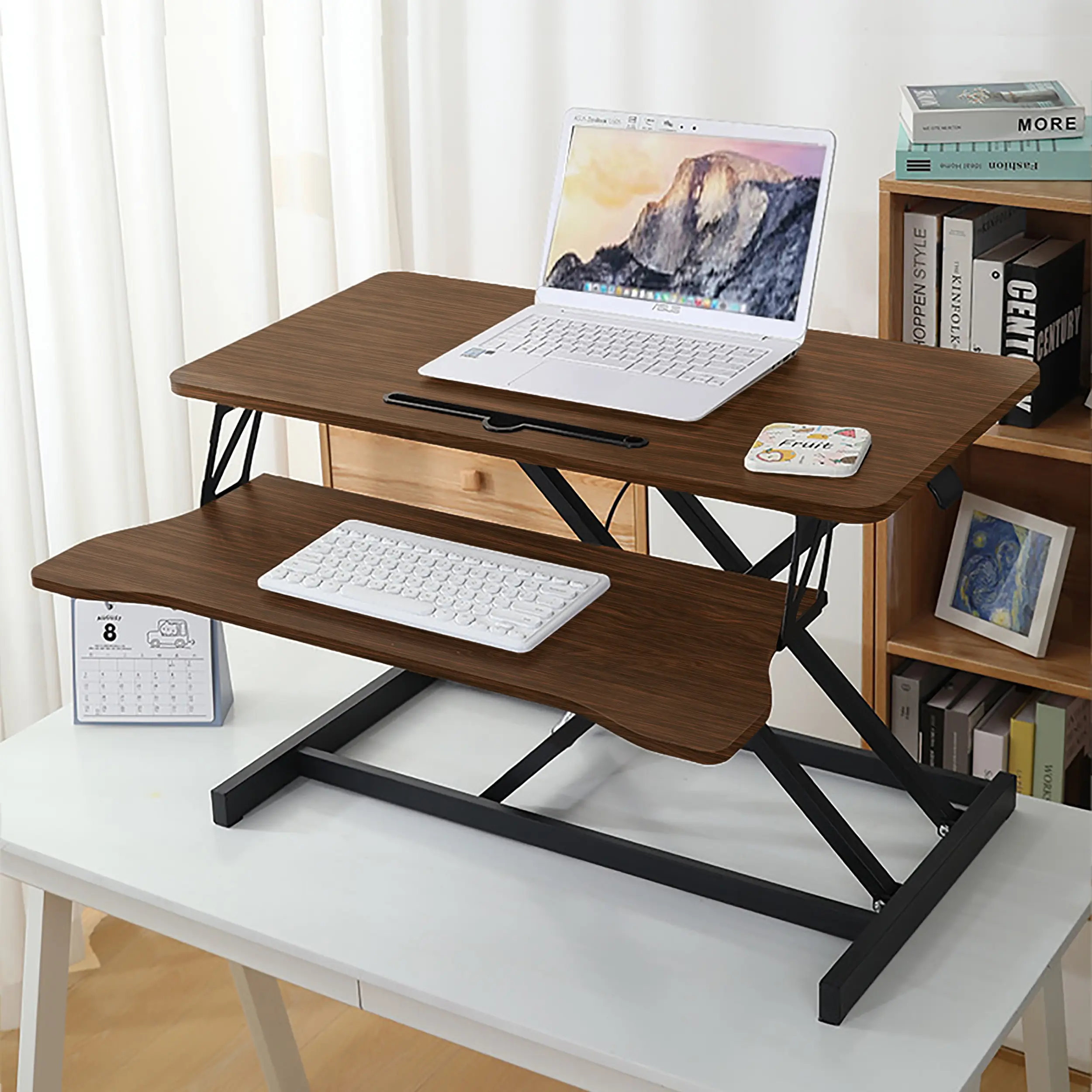 32”  Sit to Stand Desk Converter, Height Adjustable Ergonomic Desk Riser with Wide Keyboard Tray, Dual Monitor & Laptop Workstation for Home Office Workspace,Walnut