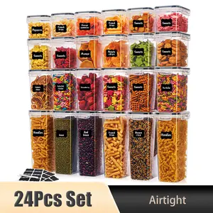 24pcs Plastic Airtight Moisture-Proof Food Storage Container Set with Lids Transparent Jars for Pasta Cereals Rice Salt Pepper Tea Nuts Coffee Beans Kitchen Supplies with Labels & Pen