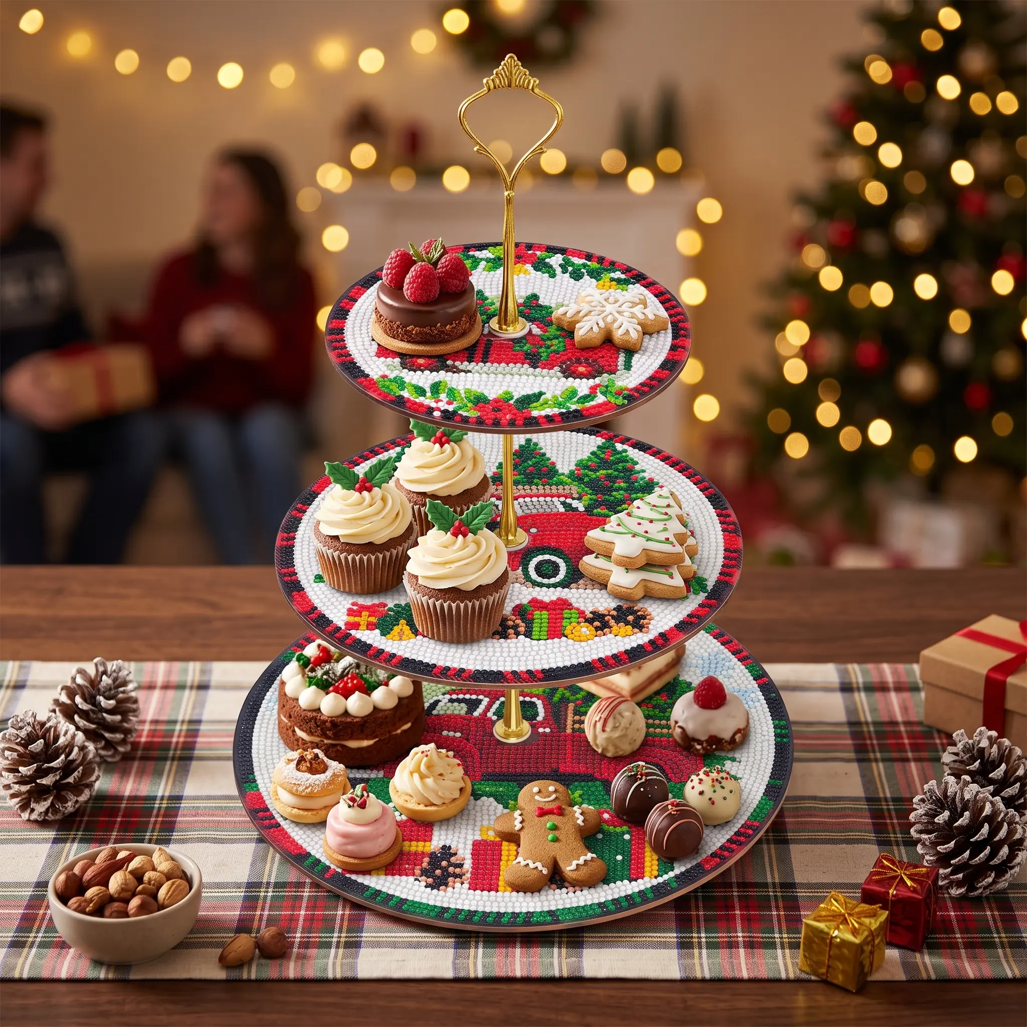3-Tier Wooden Diamond Painting Cake Stand - Red Truck Dessert Display Tray, Handmade Beginner-Friendly Diamond Crafting, Festive Holiday Table Decor, Fun Bonding Activity Birthday Gift for Adults