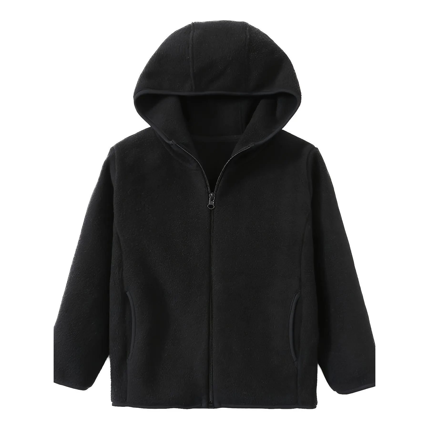 Kids Fleece Hoodie Jacket, Solid Color Long Sleeve Pullover, Casual Polyester Outerwear with Pockets, Zippered Hooded Coat Boys and Girls, Regular Fit, Autumn/Winter Fashion-DY