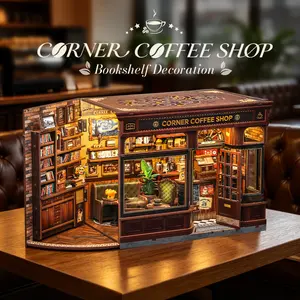 CUTEBEE CORNER COFFEE SHOP Miniature House Kit - Cozy Aesthetic DIY Wooden Dollhouse with LED Lights and Dust Cover - Vintage Cafe Shop Model Building Kit - Creative Hobby Gift for Bookworms and Crafters