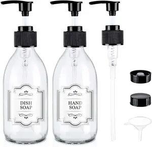 Clear Glass Soap Dispenser with Pump 8 oz,  Lotion Bottle with Pump for  Oil, 250ml Hand and Dish Soap Dispensers Set with 1 Extra Pump, Black Caps, Labels - 2 Pack