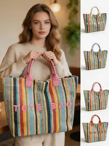 Large Capacity New Women Rainbow Striped Woven Straw Tote Bag Simple Fashion Versatile Single Shoulder Bag Daily Commute Vacation Casual Handbag Casual Bags For Ladies