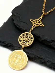 Triple Protection Necklace Stainless Steel Catholic & Jewish Spiritual Amulet with St Benedict Medal Witchcraft Knot Pentagon Star Charm Saint Benedict Religious Necklace