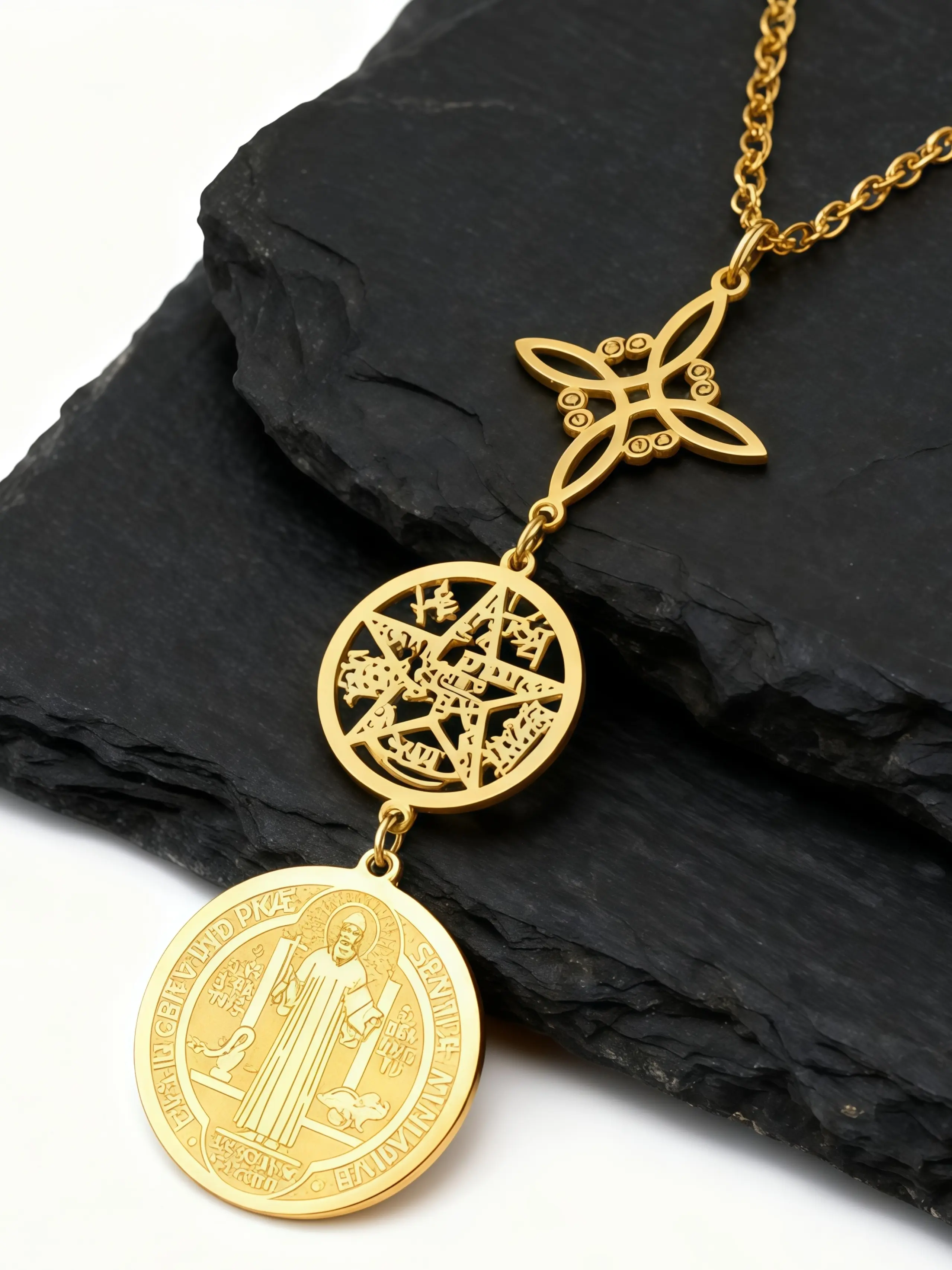 Triple Protection Necklace Stainless Steel Catholic & Jewish Spiritual Amulet with St Benedict Medal Witchcraft Knot Pentagon Star Charm Saint Benedict Religious Necklace