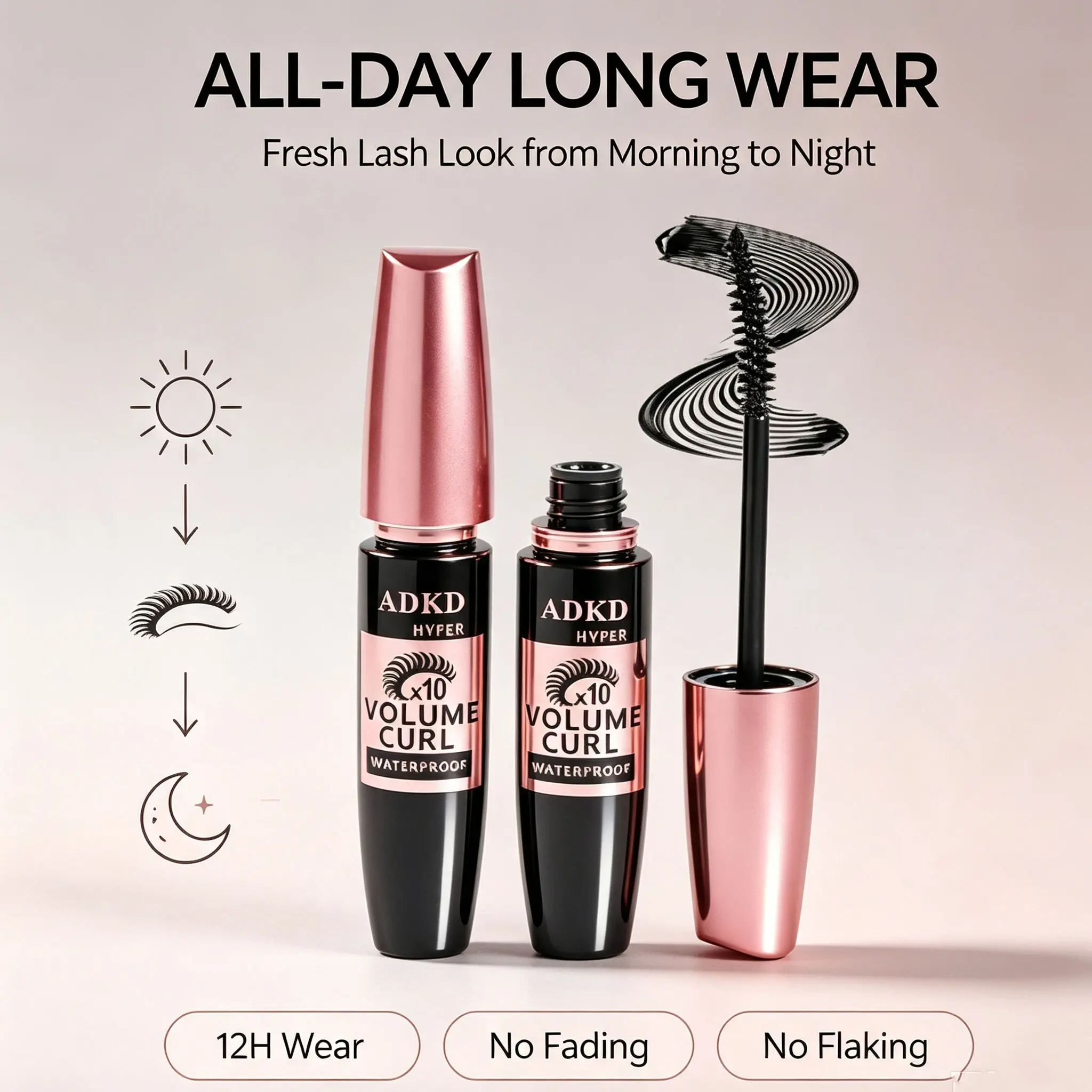 Waterproof Lash Mascara Creates Sky-High Curly, Longer & Fuller Eyelashes, No Clumping, No Spider Lashes, Smudge-Proof & Sweat Resistant All Day. Precision Wand Separates Every Lash, Suitable For Short & Straight Lashes Natural Fluffy Lash Look