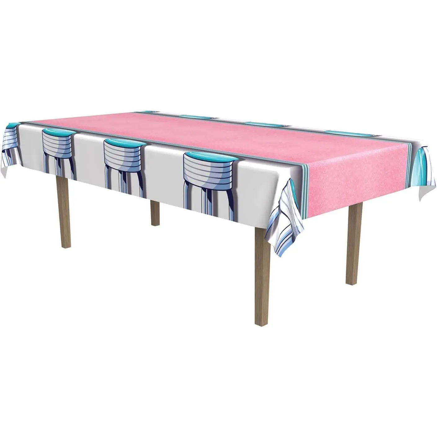 Soda Shop Stools Tablecover 50's Party Decorations 54x108 Inches Plastic Tablecloth for 50's Themed Parties and Diner Events
