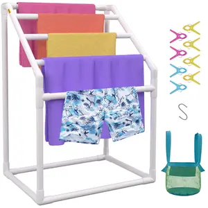 【fathersdaygift】VEVOR Stainless Steel Collapsible Pool Towel Rack - 5-Bar White Freestanding Outdoor Organizer, Laundry Accessories Include 8 Towel Clips, Mesh Bag, Hook, Stores Floats & Paddles for Beach, Swimming Pool