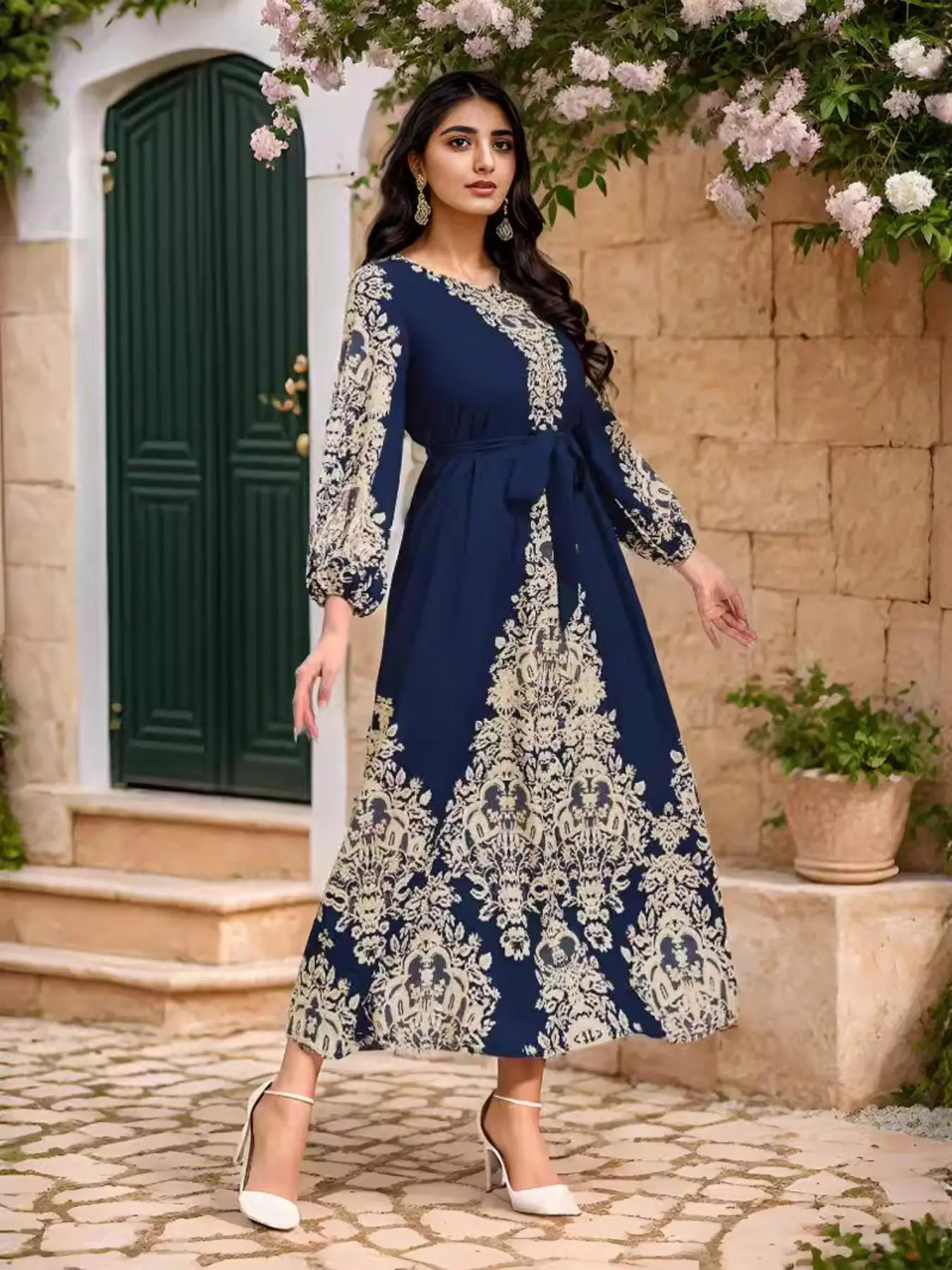 Ramadan Pattern Printed Waist-Tied Long RobeDress,Elegant Modest Style Lantern Sleeve Long Dress, Muslim Evening Dress, Modest Dresses, Islamic Modesty Clothes, Modest Muslim Outfits, Caftan, Women's Clothing