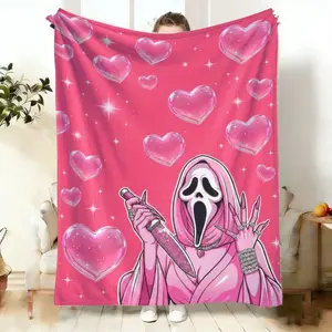 Pink Ghost Face Flannel Blanket Glitter Heart Print Soft Cozy Warm Lightweight for Bedroom Living Room Office Lounge Gift Suitable for both children and adults It is an excellent gift for children, family and friends
