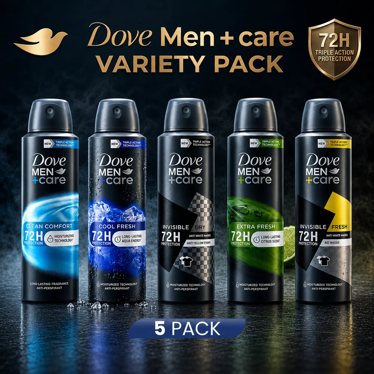 Dove Men+Care Deodorant Spray Variety Bundle 5 Pack (150ml / 5oz) 72H Triple Action Protection Antiperspirant - Long Lasting Sweat Defense Clean Comfort, Extra / Cool Fresh & more Scents Men's Body Spray Mixed Flavors