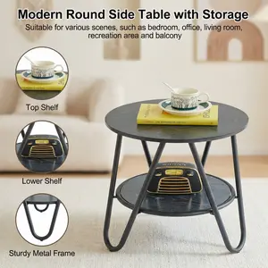 Modern Round Side Table 2 Tier Metal End Table Bedside Table Nightstand for Living Room Bedroom Small Space Apartment Minimalist Accent Table Black Side Table Coffee Table Storage Table