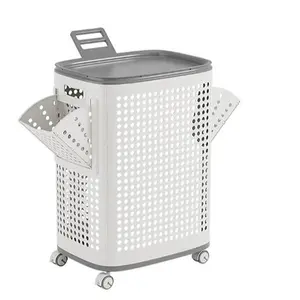 Plastic Laundry Basket with Lid and Wheels, Clothes Hamper with Side Compartments and Brakes, Portable