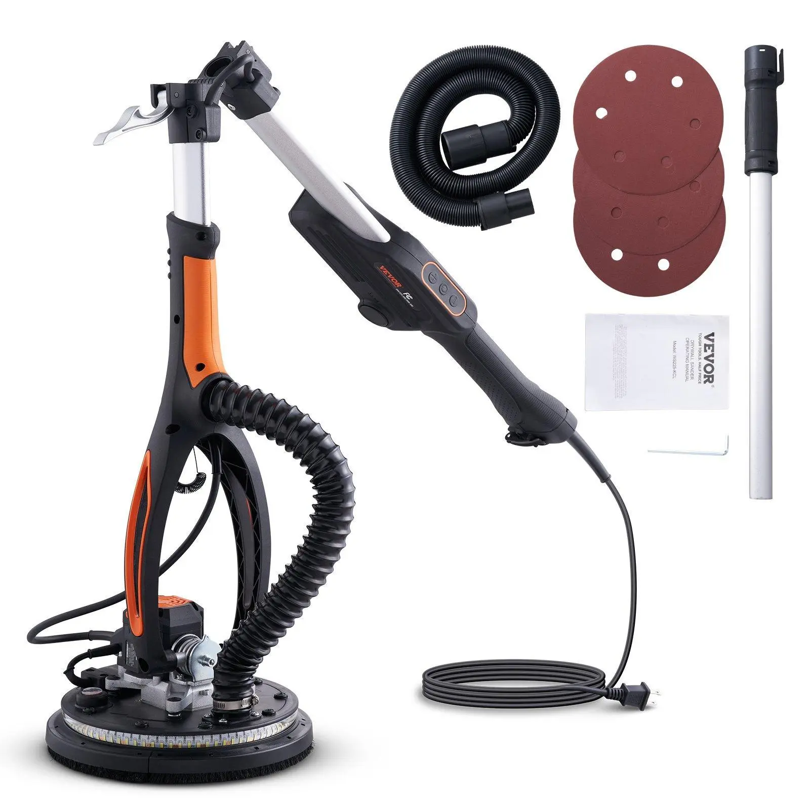 【Summerfinds】VEVOR Drywall Sander (Dust Bag not Included), 800W Brushless Motor Electric Sander, Variable Speed 1000-2300 RPM Wall Sander, Foldable Ceiling Sander with Double-Deck LED Lights, Extendable Handle, 12 Sanding Discs