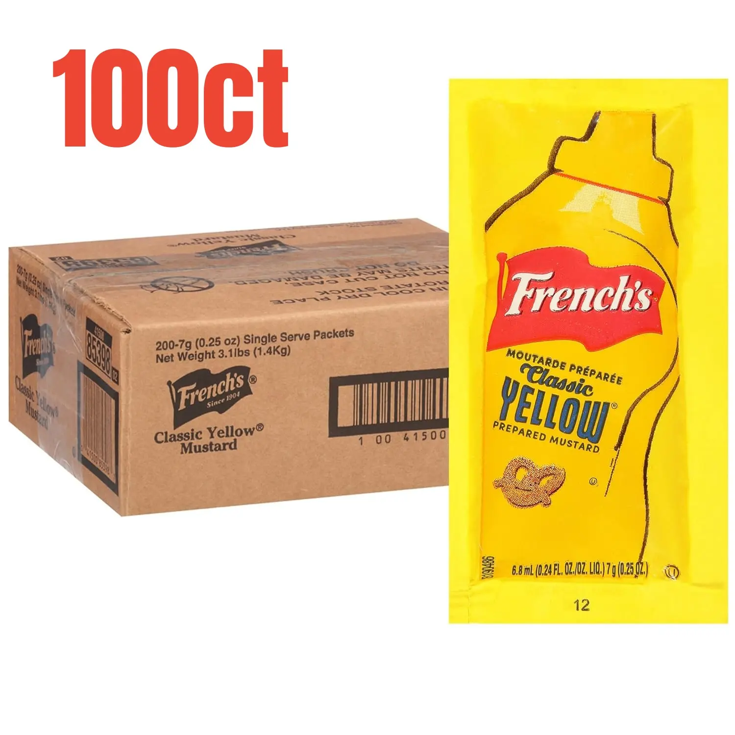 French's Classic Yellow Mustard Packets, 100-Count Single-Serve Units, Ideal for Delivery and Takeout Orders