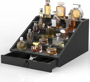 Wooden Cologne Organizer for Men Enhanced 4 Tier Stand Shelf with Velvet Lined Drawer Hidden Storage Perfume Display Holder Classy Black Gift