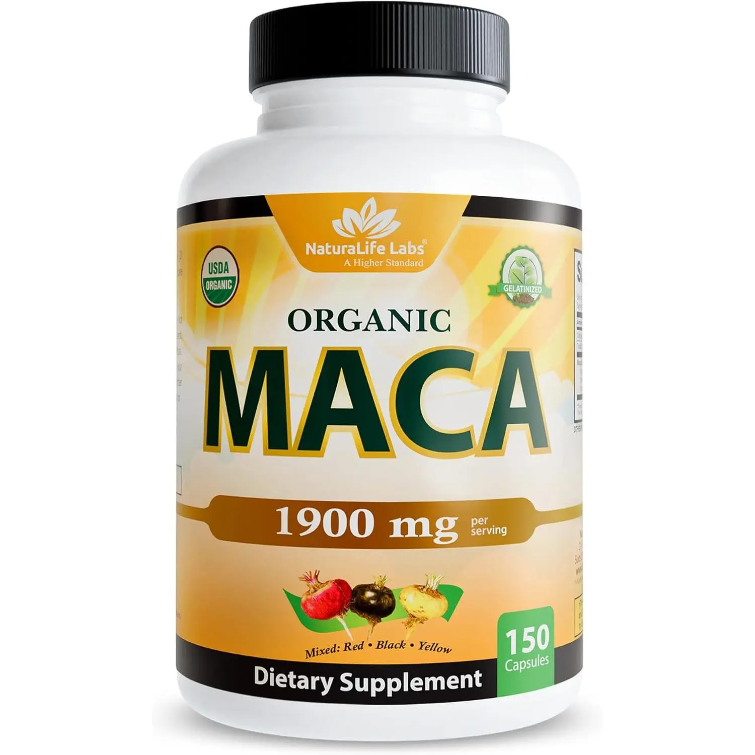 NaturaLife Labs Organic Maca Root – Black, Red & Yellow – 1900 mg per Serving – 150 Capsules – Gelatinized Peruvian Maca – Non-GMO, Gluten-Free, Vegan