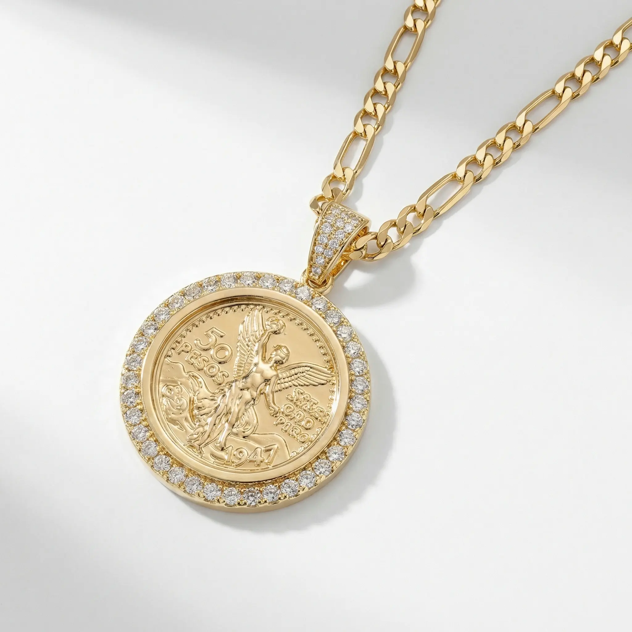 Centenario Gold Coin Pendant Necklace – 14K Gold Plated 22" Figaro Chain 4.5MM, Tarnish-Free Latino Jewelry Centenario Gold Coin Pendant Necklace – 14K Gold Plated 22" Figaro Chain 4.5MM, Tarnish-Free Latino Jewelry