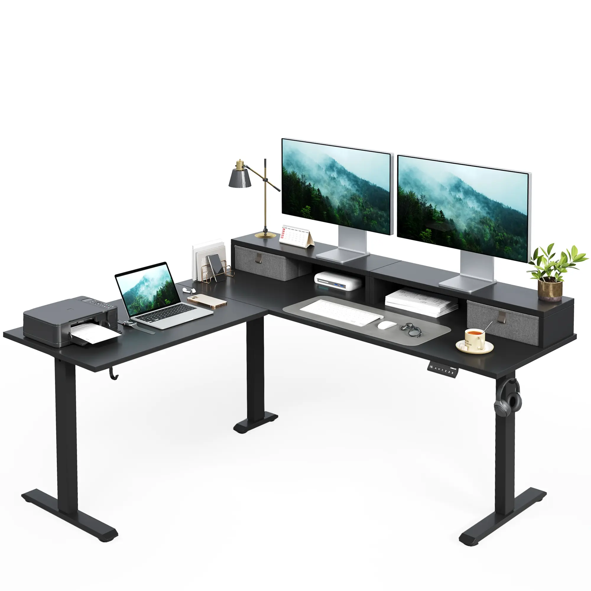 Agilestic L Shaped Standing Desk with Drawers & Monitor Shelf, Electric Height Adjustable Corner Desk, Ergonomic Home Office Computer Desk with Hooks & Cable Management,Gaming Desks Gifts for Men and Women,Black/Rustic Brown/White/Light Rustic Brown summe