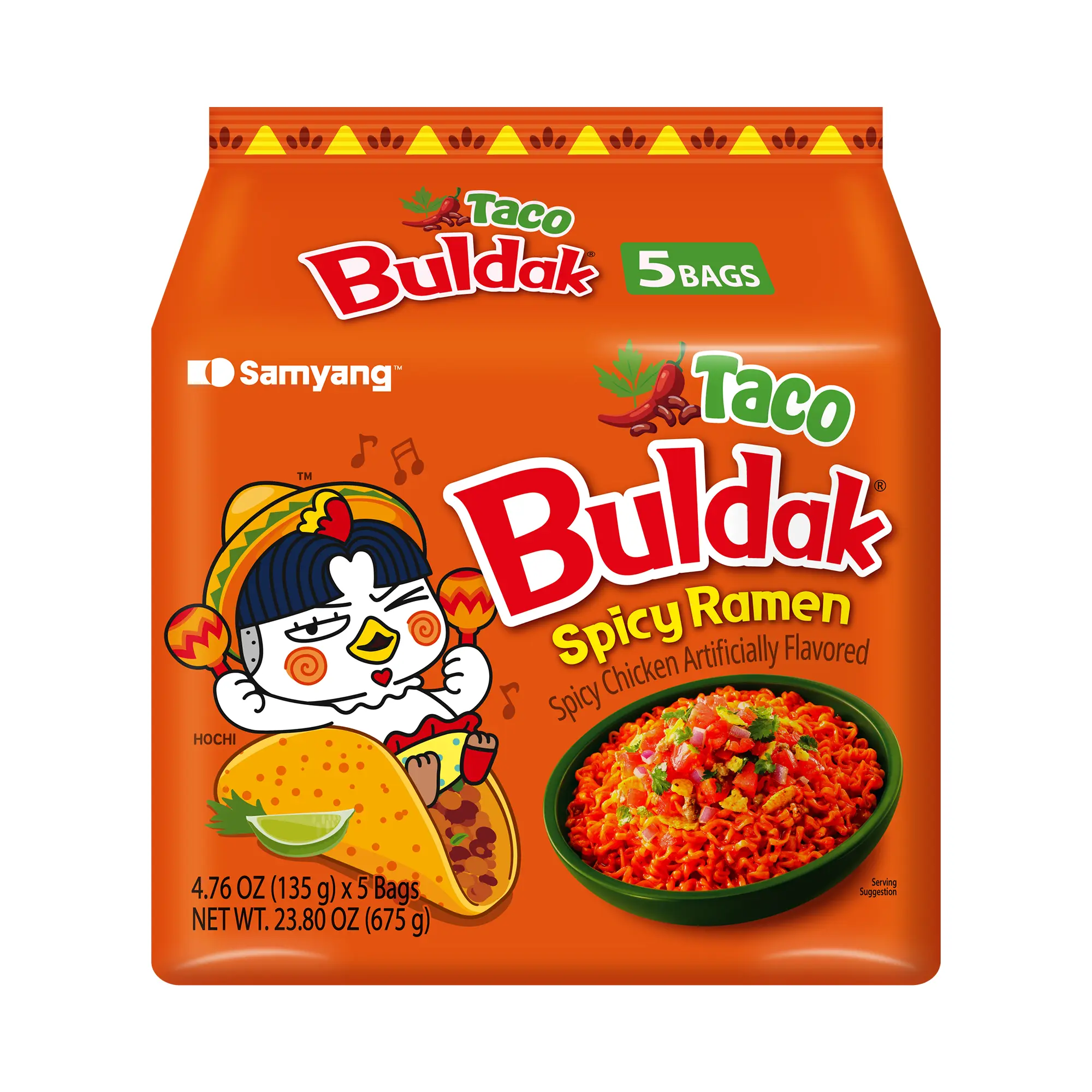 Buldak Korean Spicy Chicken Stir Fried Ramen Taco Flavor Super Hot Spicy Noodles Authentic Ramyun (Pack of 5)
