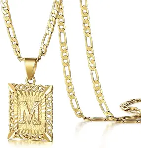 KissYan Initial Letter Pendant Necklace for Men Womens, 14K Gold Plated Square Capital Monogram Necklace Alhpabets from A-Z Figaro Chain Necklace